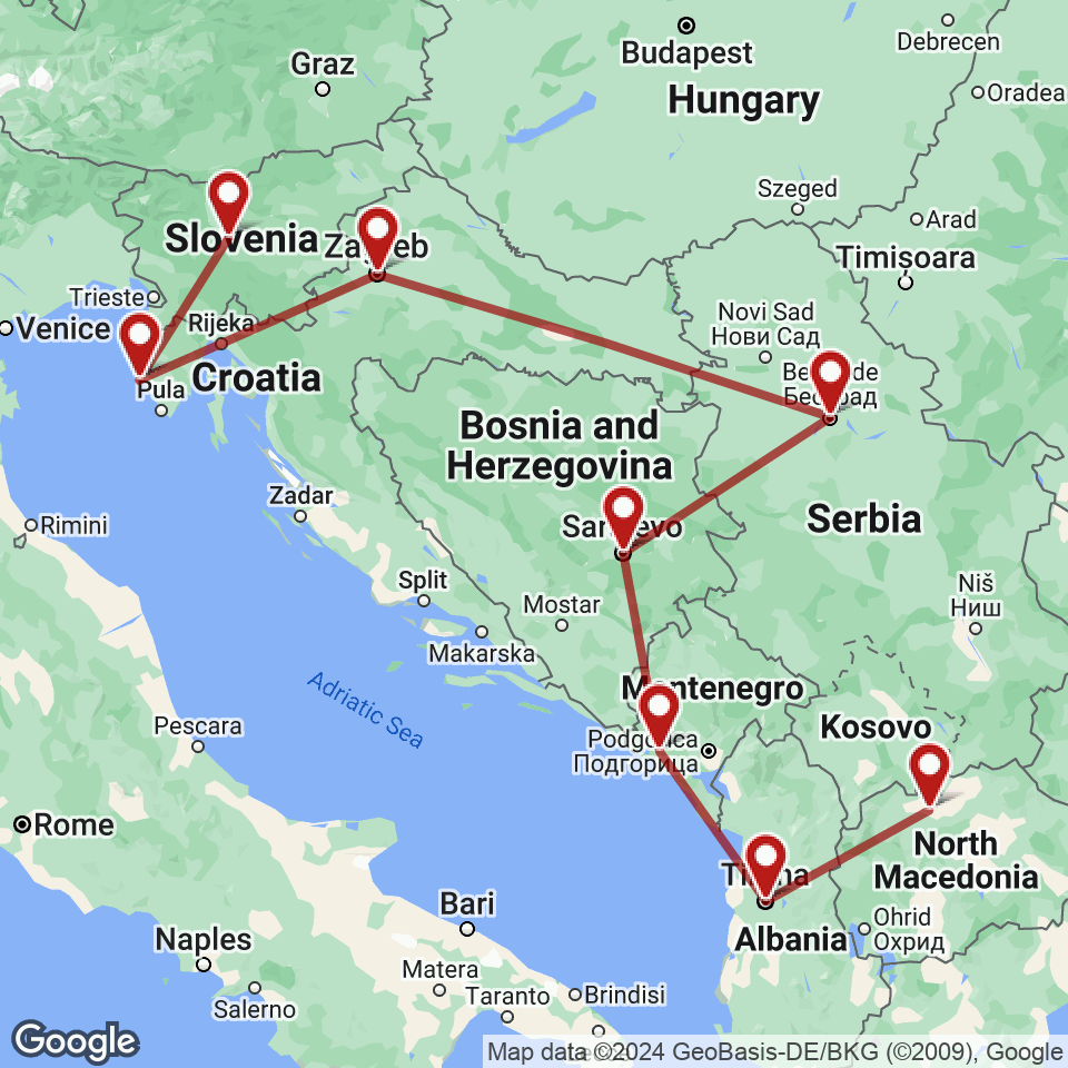 Route for Ljubljana, Rovinj, Zagreb, Belgrade, Sarajevo, Kotor, Tirana, Skopje tour